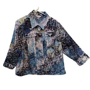 CJ Banks Top Size 1X Blue Abstract Button Front Collar Lightweight Long Sleeve
